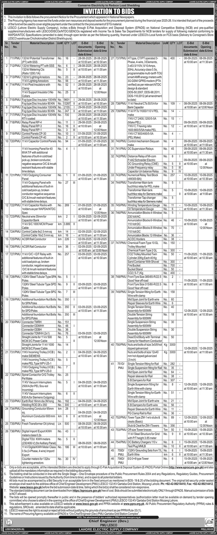 Lahore Electric Supply Company Tender Notice